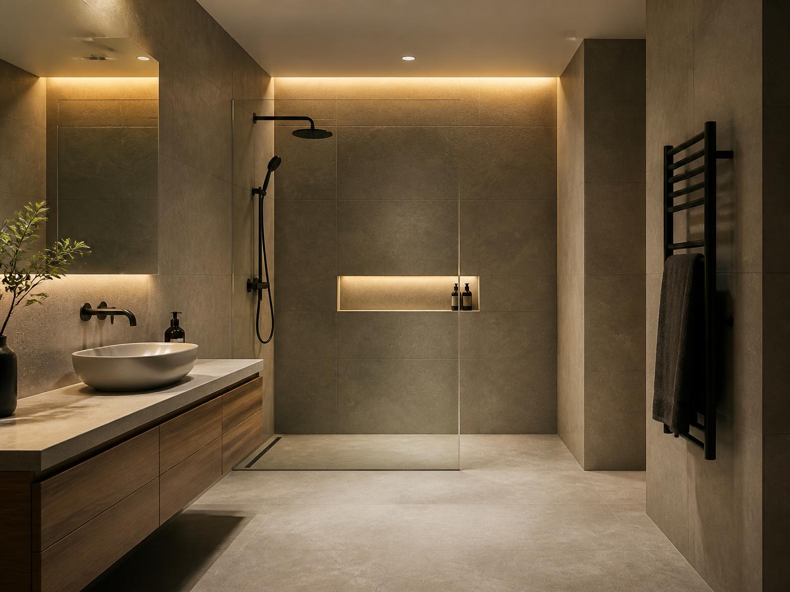 Modern saniertes Badezimmer mit bodengleicher Dusche und ruhiger Materialwahl